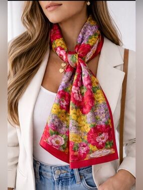 Oscar de la Renta 100% Silk Floral Scarf Red Yellow Purple Vibrant Garden Print